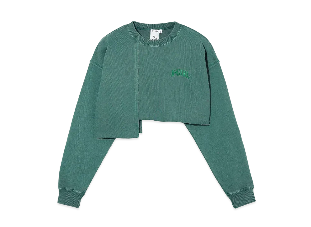 X-Girl Distressed Collar Cropped Crew Sweat Top "Green"