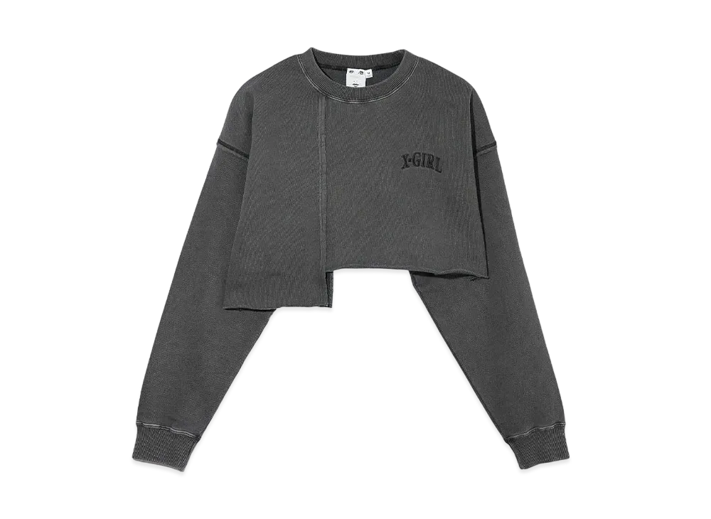 X-Girl Distressed Collar Cropped Crew Sweat Top "Black"
