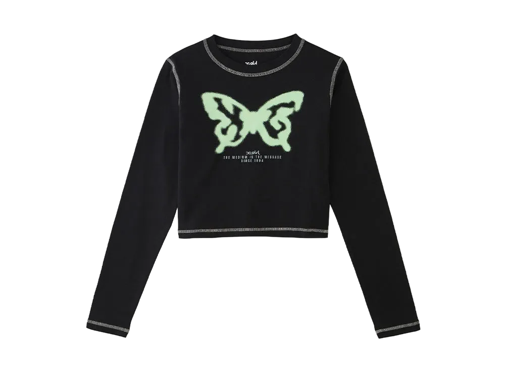 X-Girl Spray Butterfly Print L/S Baby Tee "Black"