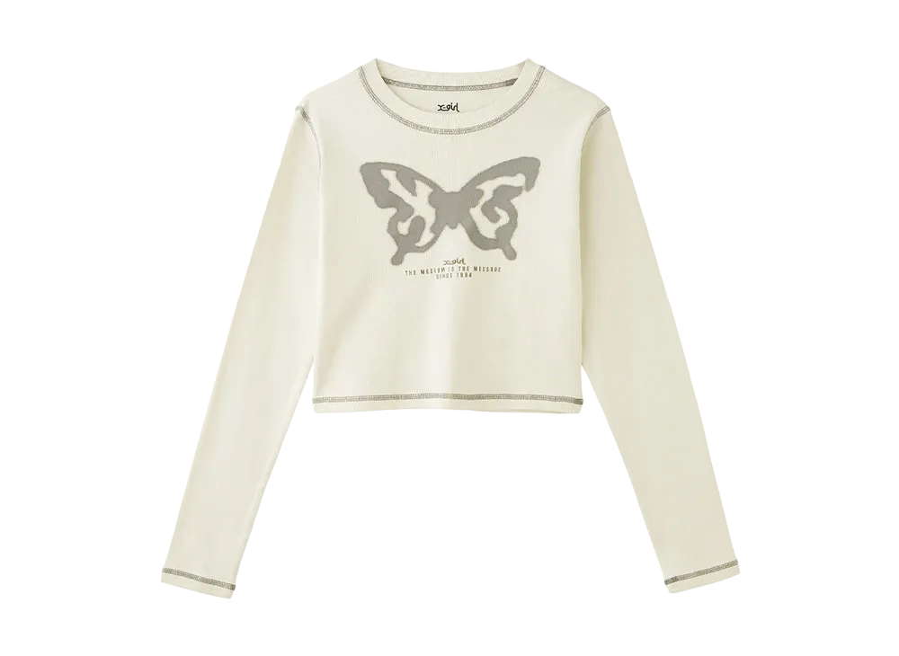X-Girl Spray Butterfly Print L/S Baby Tee "Off White"