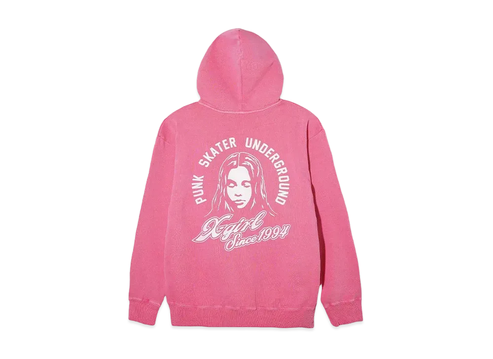 X-Girl Face & Cursive Logo Zip Up Sweat Hoodie "Pink"