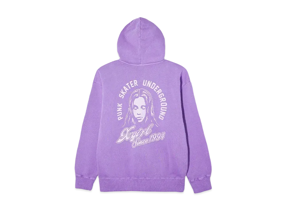 X-Girl Face & Cursive Logo Zip Up Sweat Hoodie "Purple"