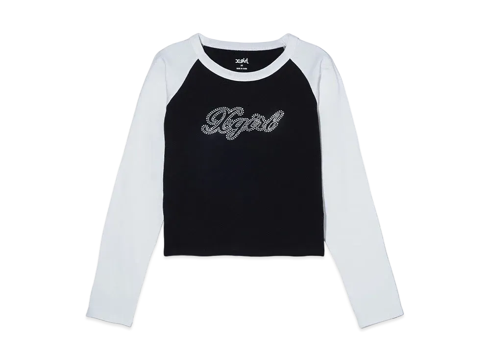 X-Girl Rhinestone Script Logo L/S Raglan Baby Tee "Black"