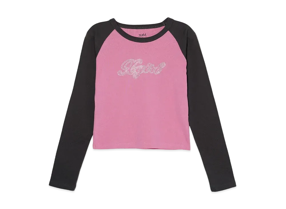X-Girl Rhinestone Script Logo L/S Raglan Baby Tee "Pink"