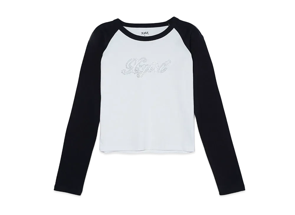 X-Girl Rhinestone Script Logo L/S Raglan Baby Tee "White"