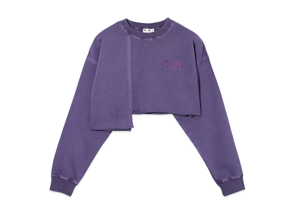 X-Girl Distressed Collar Cropped Crew Sweat Top "Purple"