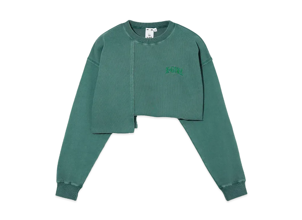 X-Girl Distressed Collar Cropped Crew Sweat Top "Green"