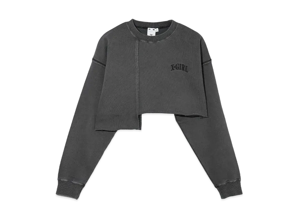 X-Girl Distressed Collar Cropped Crew Sweat Top "Black"