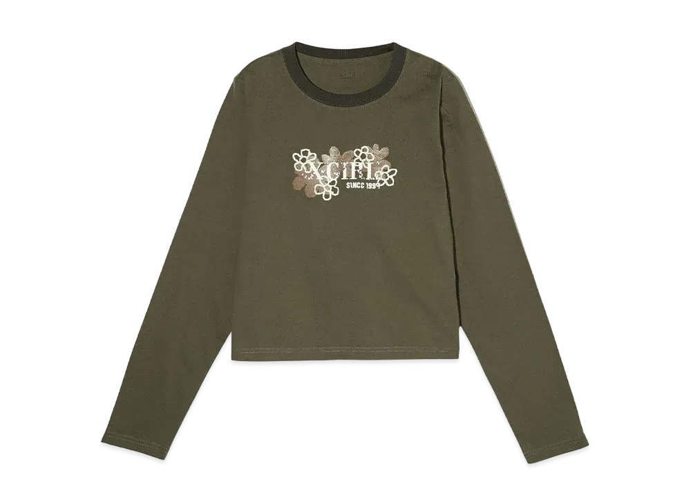 X-Girl Pixel Flower Logo Baby L/S Tee "Olive"