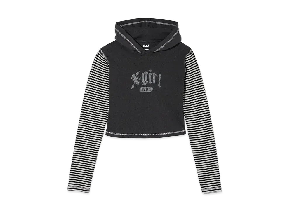 X-Girl Striped Sleeve Compact Hooded Top "Charcoal"
