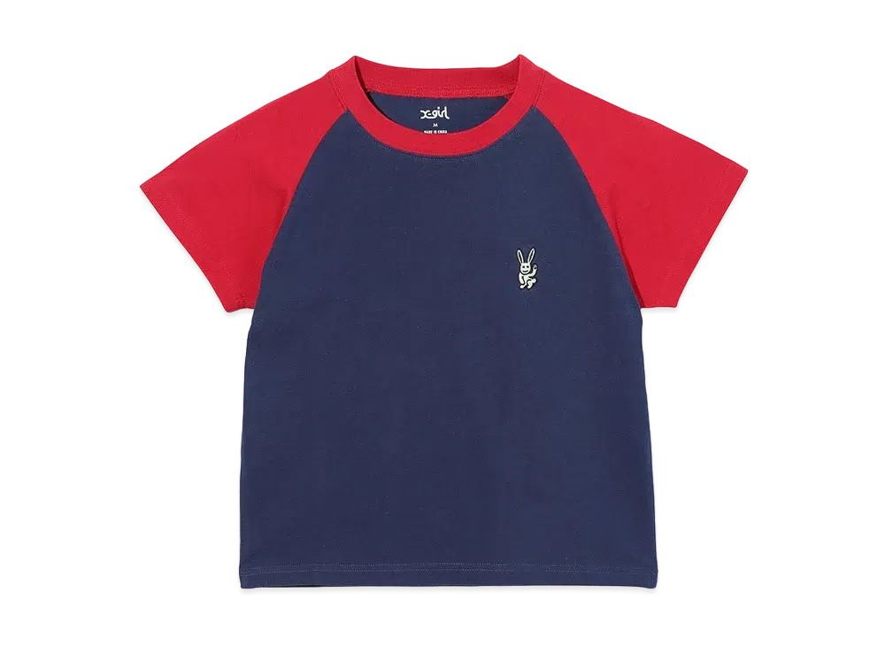 X-Girl I Embroidered Bunny Raglan Sleeve Baby Tee "Navy"