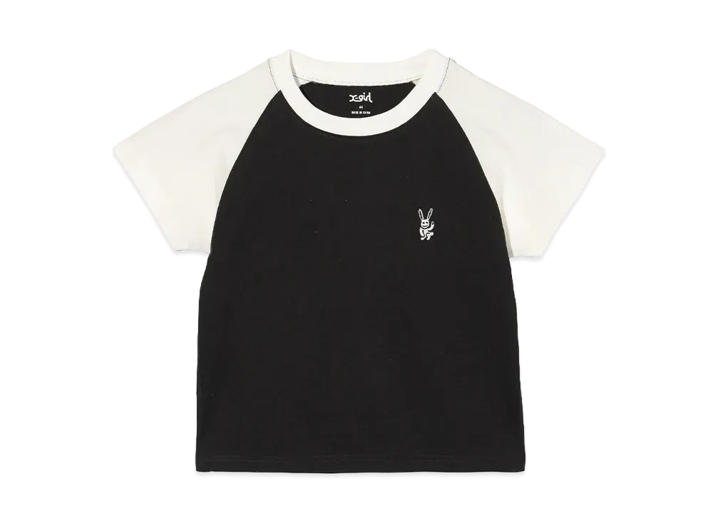 X-Girl I Embroidered Bunny Raglan Sleeve Baby Tee "Black"