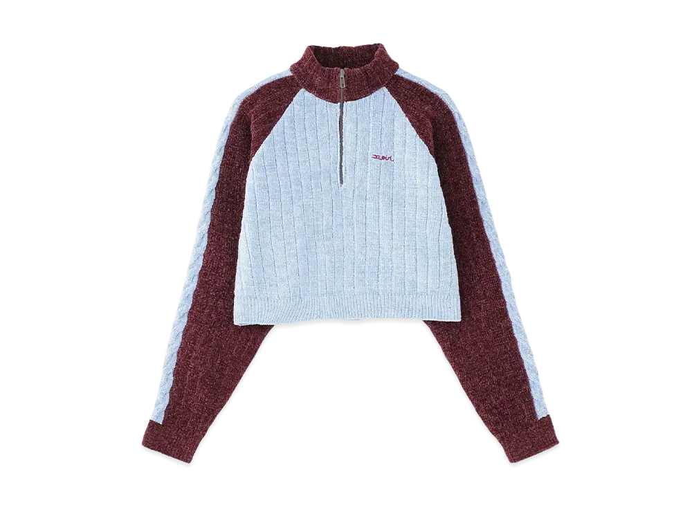 X-Girl Striped Sleeve Half Zip Knit Top "Burgundy"