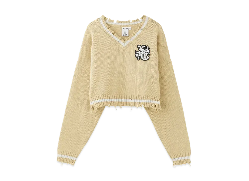X-Girl Emblem V-Neck Knit Top "Beige"
