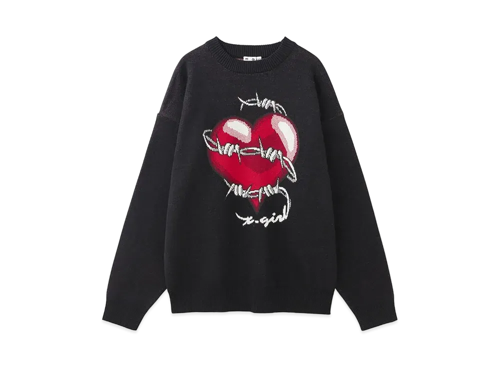 X-Girl Heart Barbed Wire Jacquard Knit Top "Black"