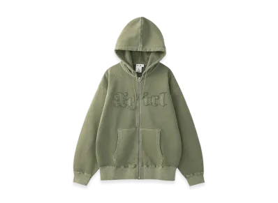X-Girl Logo Patch Pigment Dyed Zip Up Sweat Hoodie "Olive"