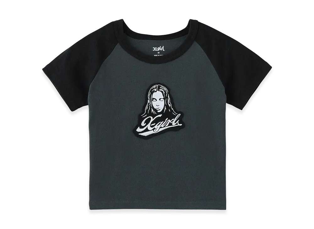 X-Girl Face Embroidered Patch Raglan S/S Baby Tee "Charcoal"