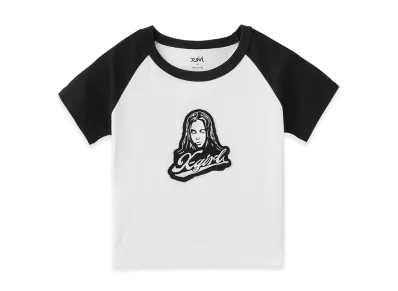 X-Girl Face Embroidered Patch Raglan S/S Baby Tee "White"
