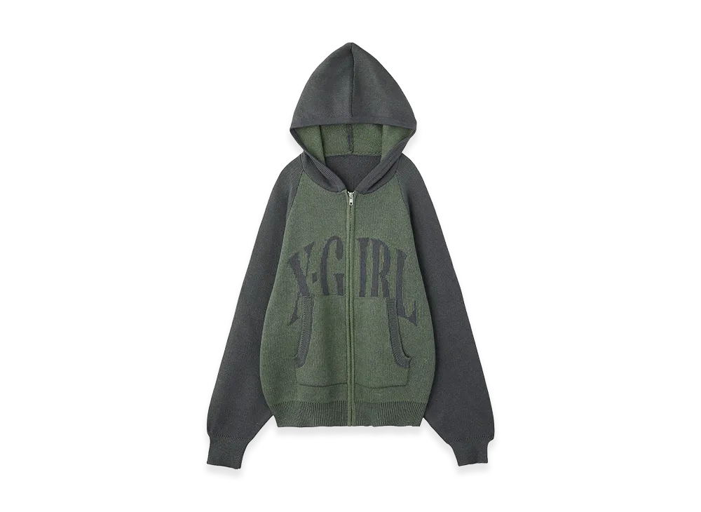 X-Girl Women's Logo Jacquard Zip Up Knit Hoodie "Olive"