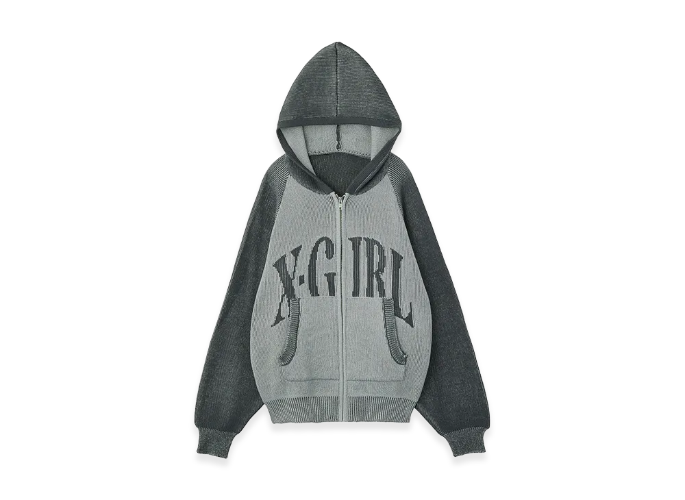 X-Girl Women's Logo Jacquard Zip Up Knit Hoodie "Grey"