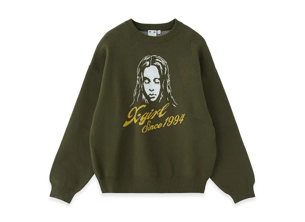 X-Girl Women's Cursive Logo And Face Jacquard Knit Top "Olive"