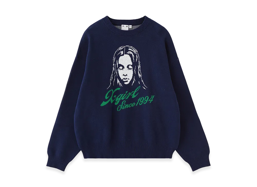 X-Girl Women's Cursive Logo And Face Jacquard Knit Top "Navy"