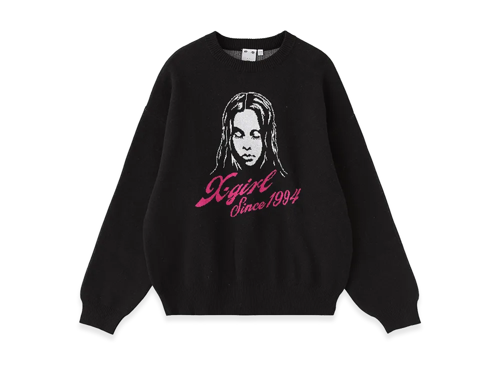 X-Girl Women's Cursive Logo And Face Jacquard Knit Top "Black"