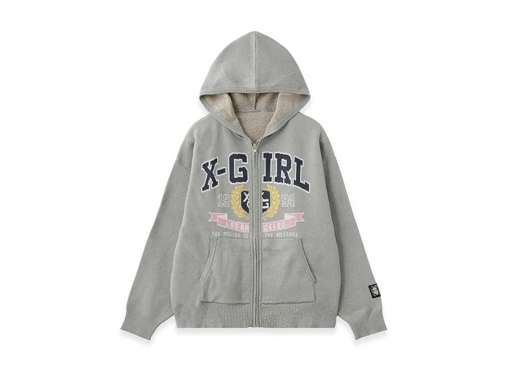 X-Girl Women's College Logo Jacquard Zip Up Knit Hoodie "Ltight Grey"