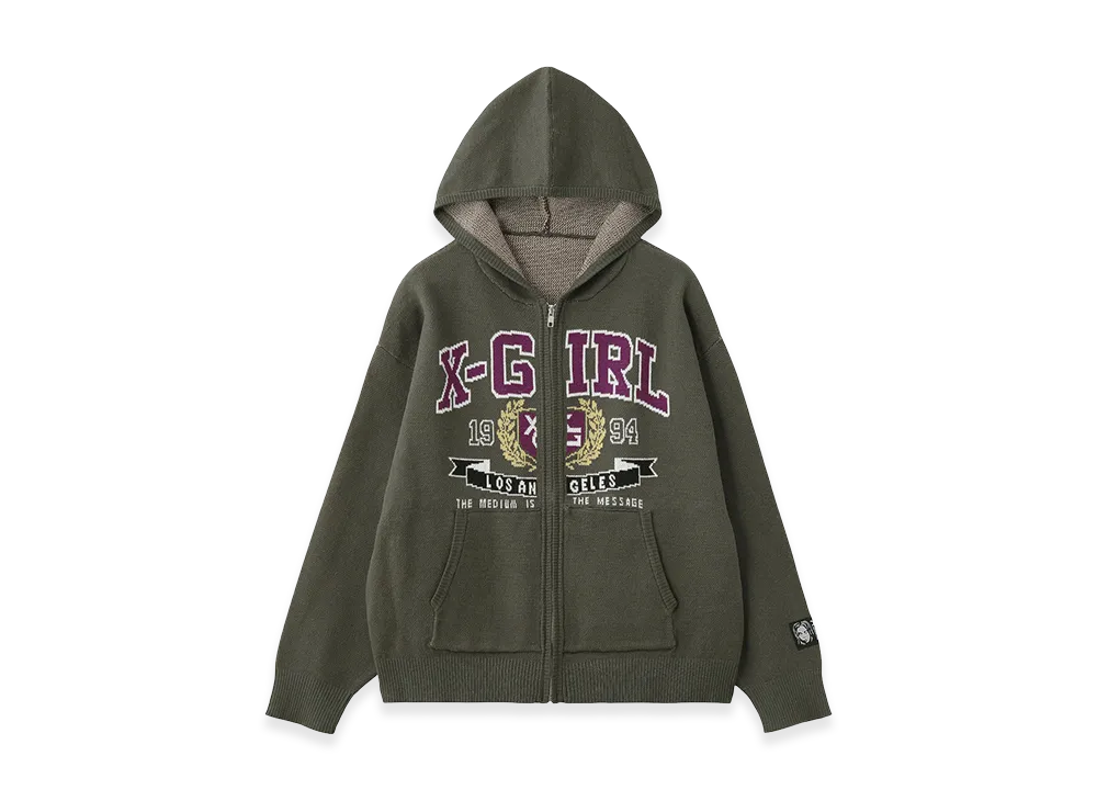 X-Girl Women's College Logo Jacquard Zip Up Knit Hoodie "Olive"