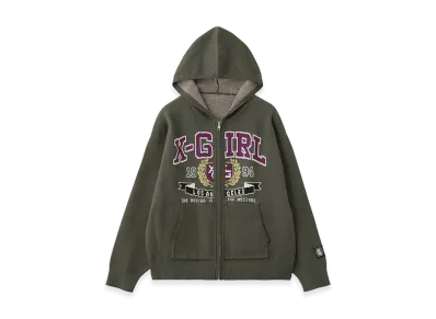 X-Girl Women's College Logo Jacquard Zip Up Knit Hoodie "Olive"