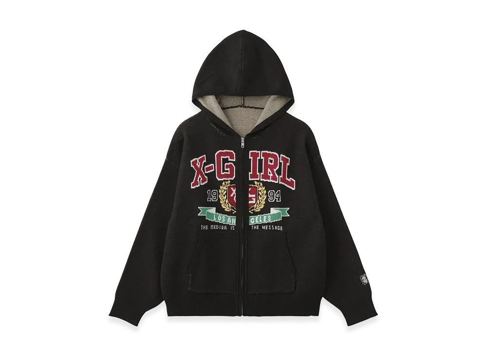 X-Girl Women's College Logo Jacquard Zip Up Knit Hoodie "Black"