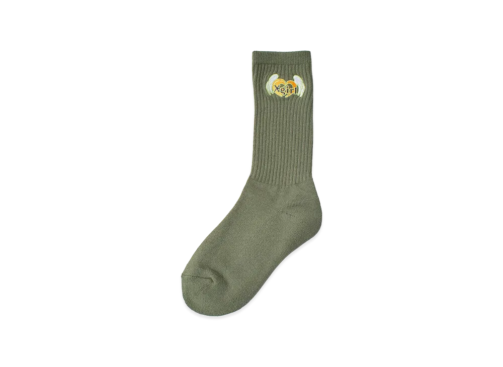 X-Girl Women's Heart And Wing Embroidered Socks "Olive"