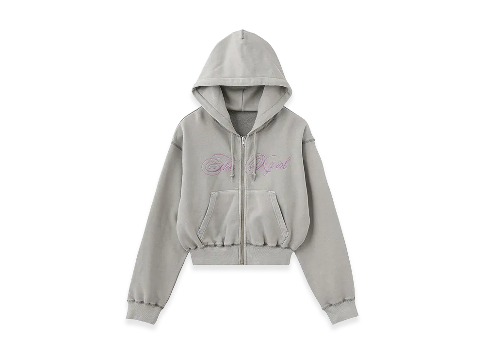 X-Girl Women's Pigment Dyed Script Logo Compact Zip Up Sweat Hoodie "Grey"
