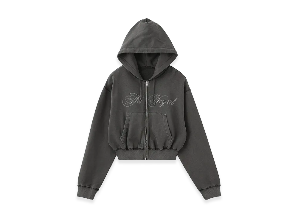 X-Girl Women's Pigment Dyed Script Logo Compact Zip Up Sweat Hoodie "Black"