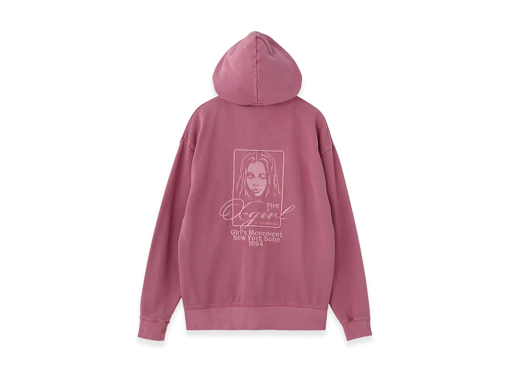 X-Girl Women's Pigment Dyed Face And Logo Square Patch Zip Up Sweat Hoodie "Pink"