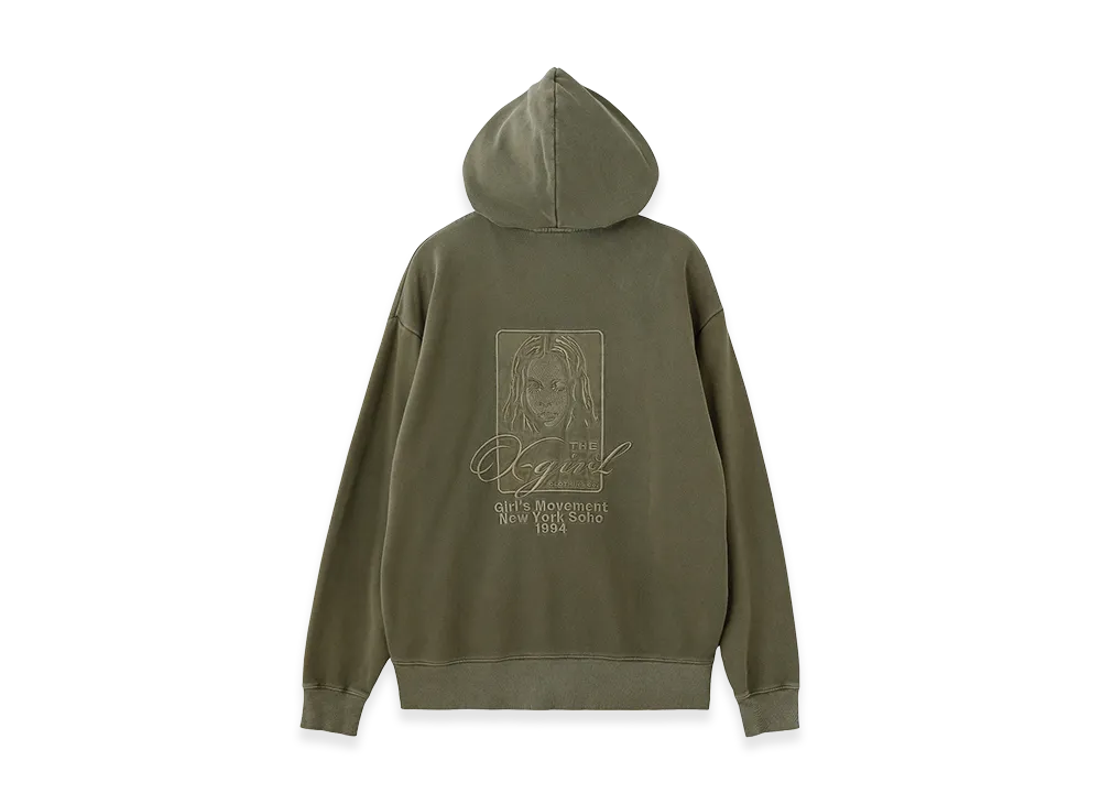 X-Girl Women's Pigment Dyed Face And Logo Square Patch Zip Up Sweat Hoodie "Olive"
