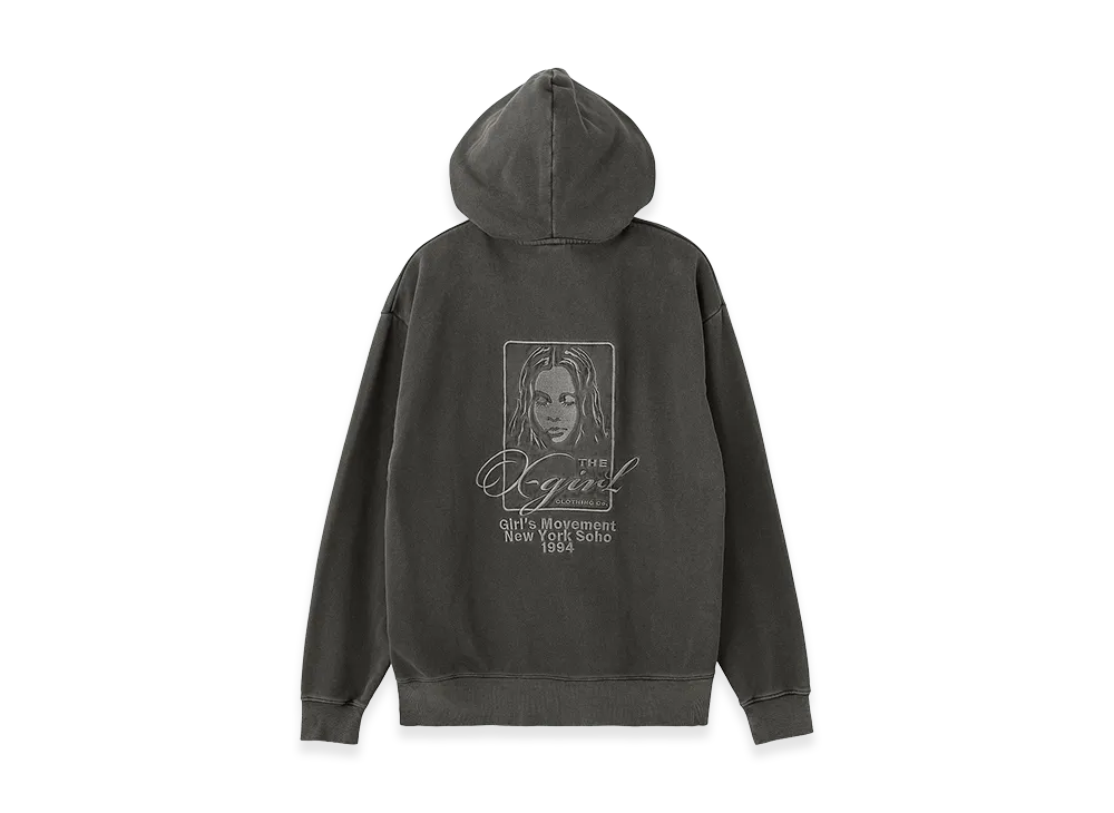 X-Girl Women's Pigment Dyed Face And Logo Square Patch Zip Up Sweat Hoodie "Black"