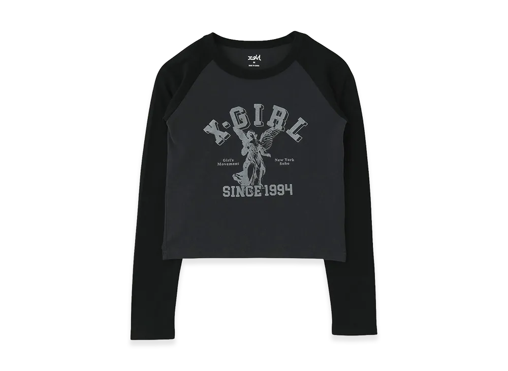 X-Girl Women's Angel And Logo Raglan L/S Baby Tee "Charcoal"