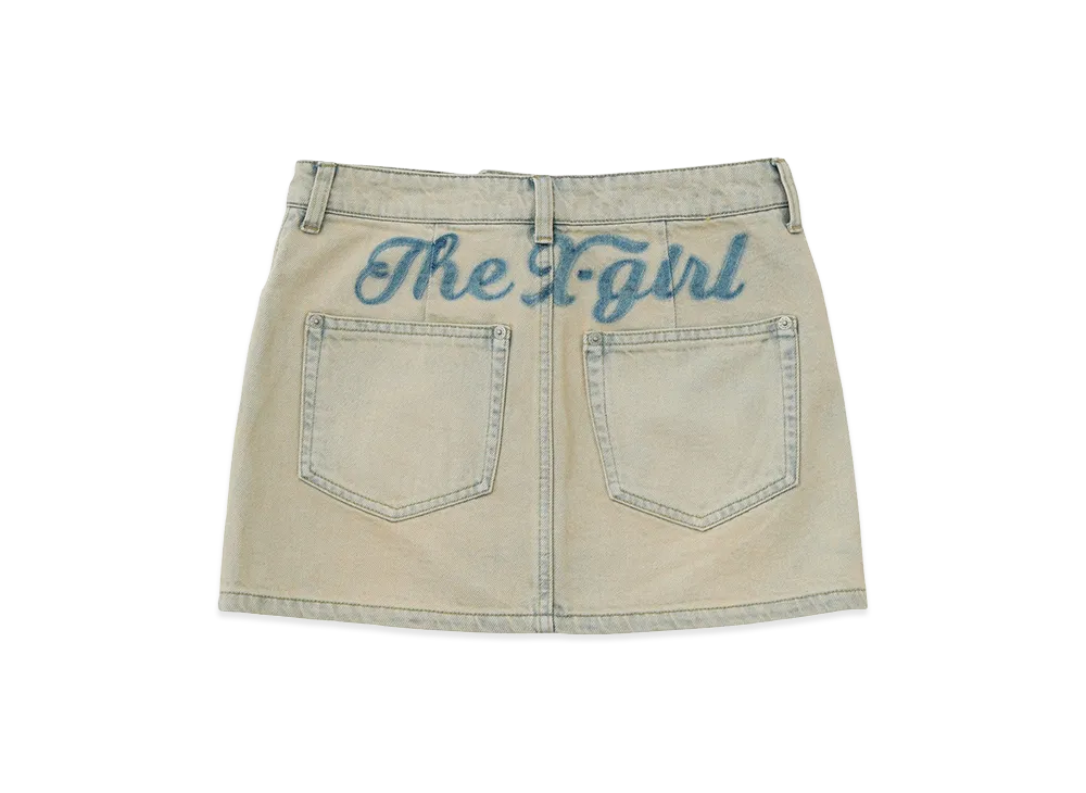 X-Girl Women's Cursive Logo Denim Mini Skirt "Light Indigo"