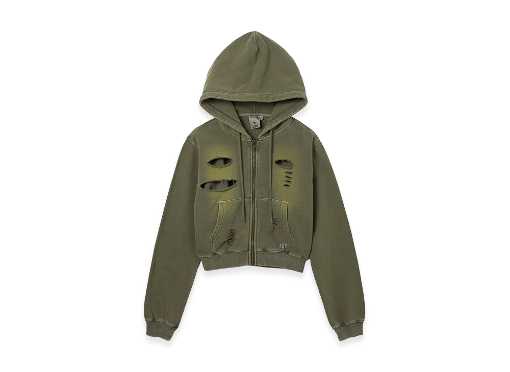 X-Girl Women's Distressed Zip Up Sweat Hoodie "Olive"
