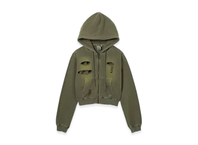 X-Girl Women's Distressed Zip Up Sweat Hoodie "Olive"