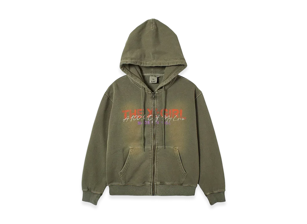 X-Girl Women's Faded Logo Print Zip Up Sweat Hoodie "Olive"