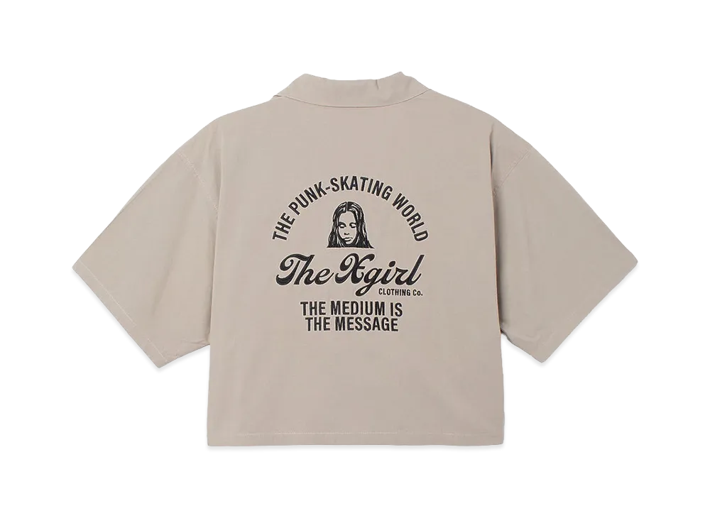 X-Girl Women's Arch Logo And Face Open Collar Cropped Shirt "Beige"