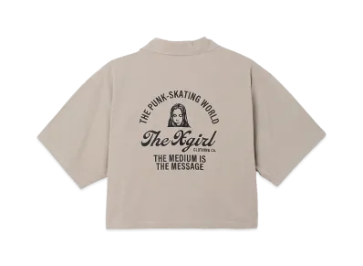 X-Girl Women's Arch Logo And Face Open Collar Cropped Shirt "Beige"