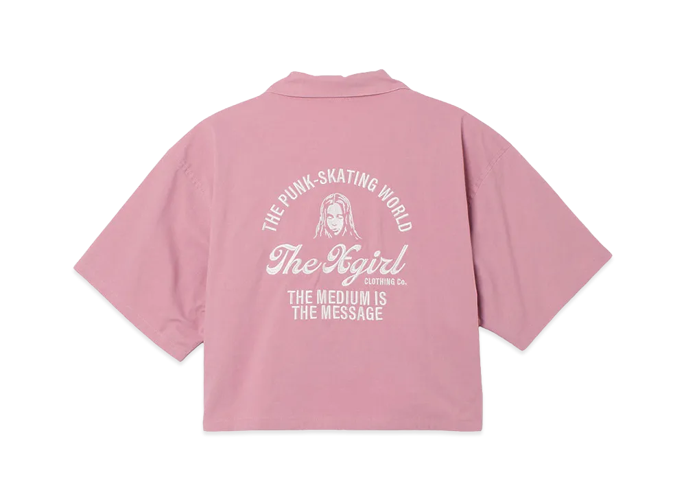 X-Girl Women's Arch Logo And Face Open Collar Cropped Shirt "Pink"