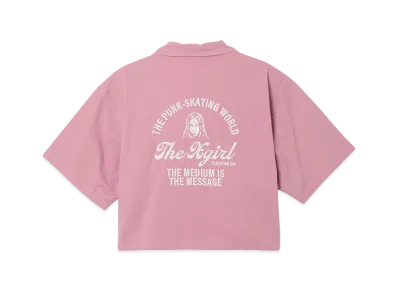 X-Girl Women's Arch Logo And Face Open Collar Cropped Shirt "Pink"