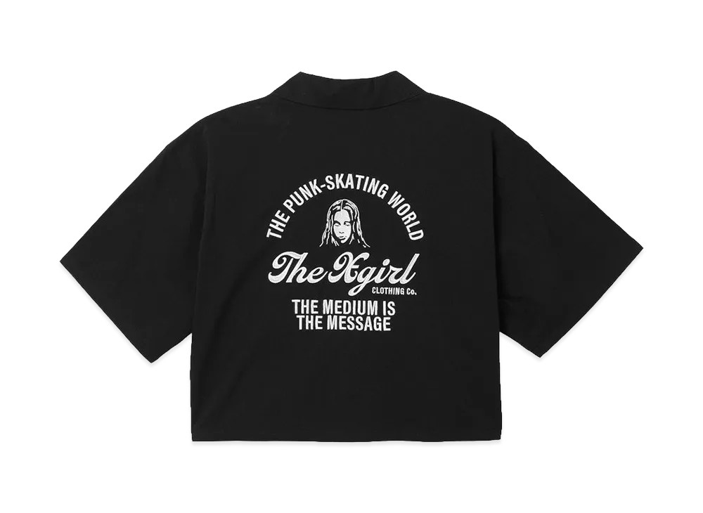 X-Girl Women's Arch Logo And Face Open Collar Cropped Shirt "Black"