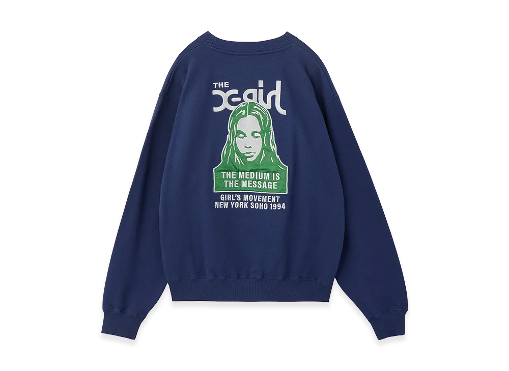 X-Girl Women's Face Patch And Logo Crewneck Sweat Top "Navy"