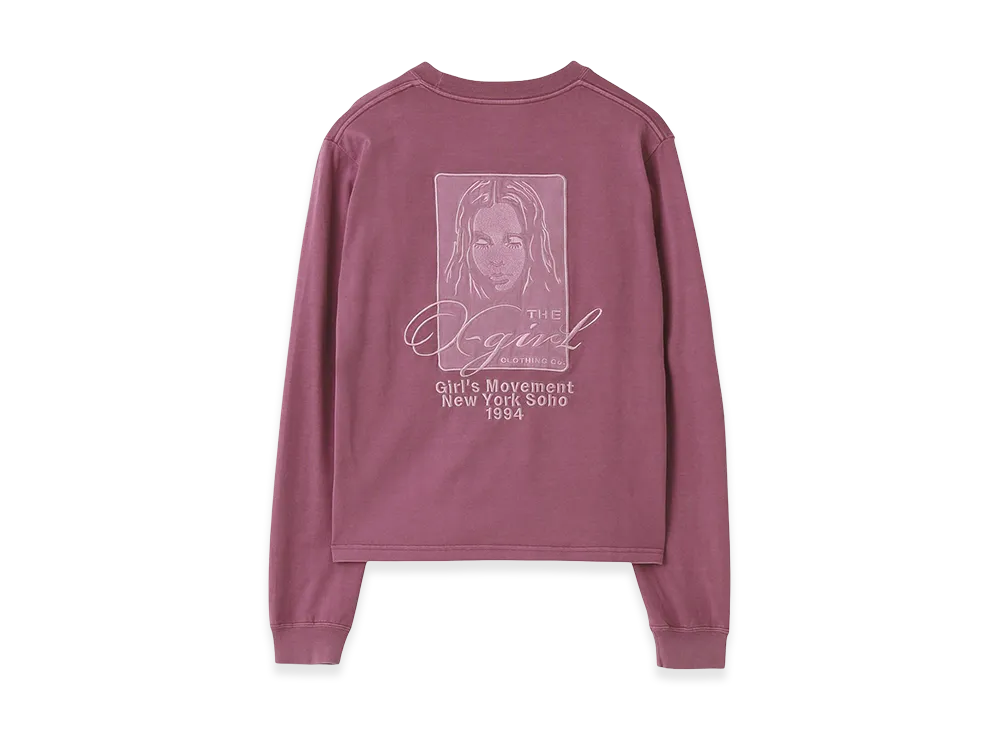 X-Girl Women's Pigment Dyed Face And Logo Square Patch L/S Tee "Pink"