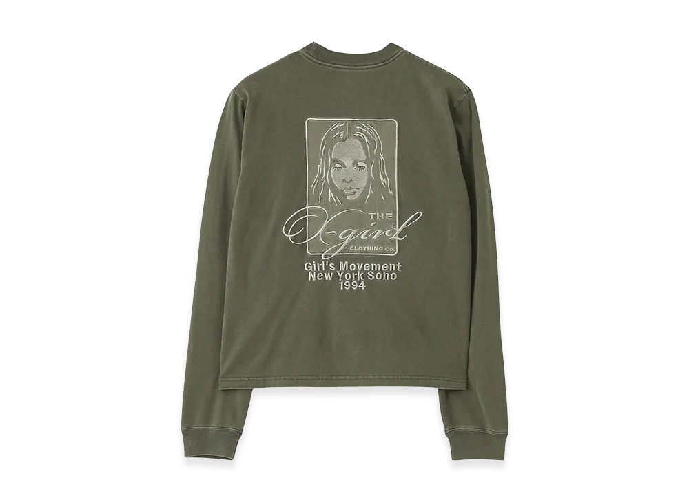 X-Girl Women's Pigment Dyed Face And Logo Square Patch L/S Tee "Olive"